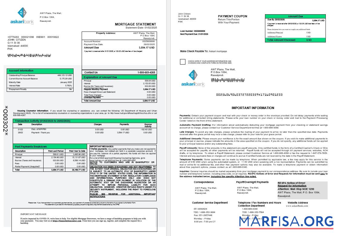 Downloadable Pakistan Askaribank mortgage statement in Word and PDF formats 1 2 sample